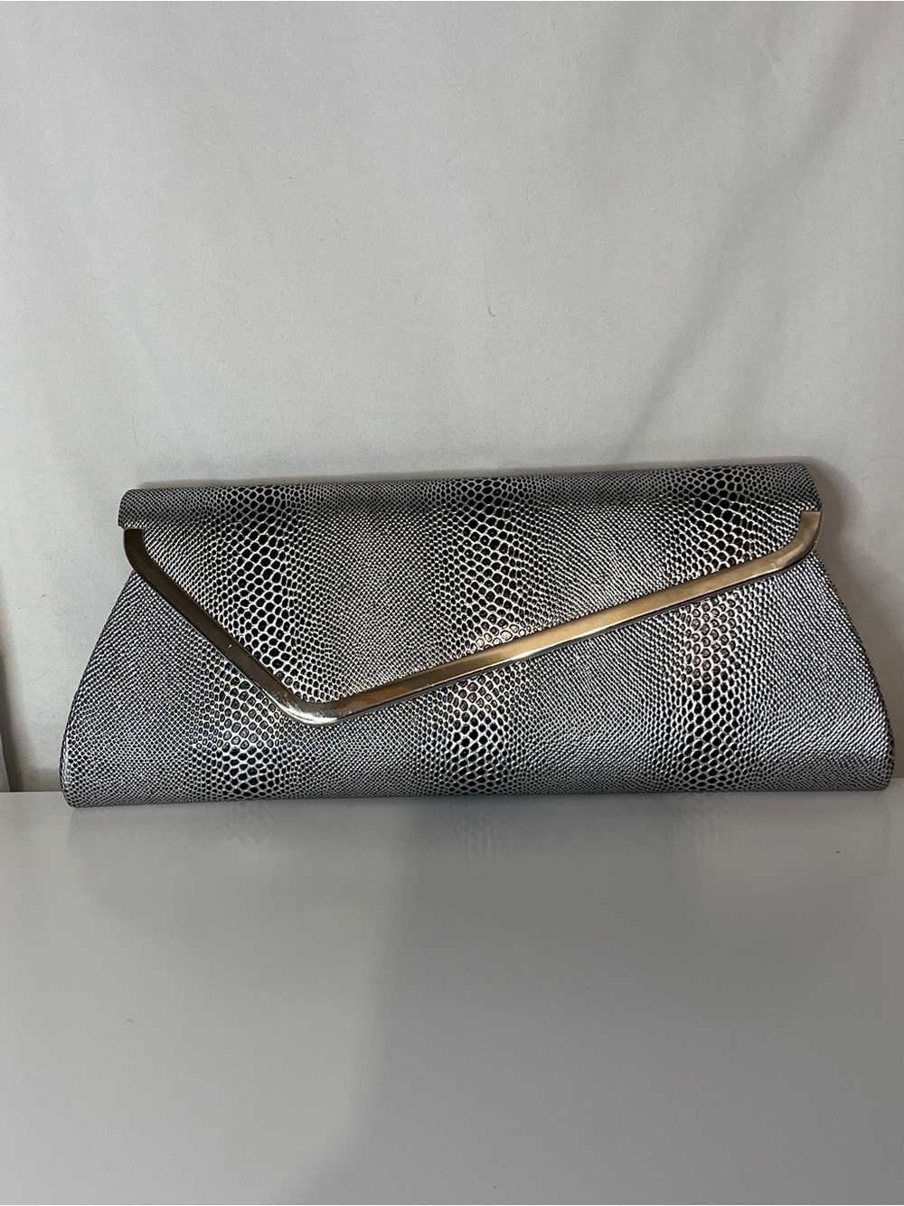 Arden B Silver Snake-Print Clutch with Gold Trim